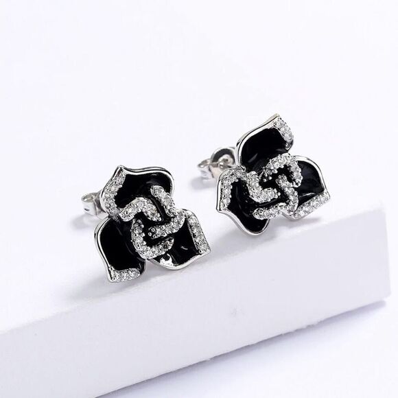 Sterling Silver Black Flower Enamel Drip Rhinestone Earrings Womens New - Picture 2 of 6